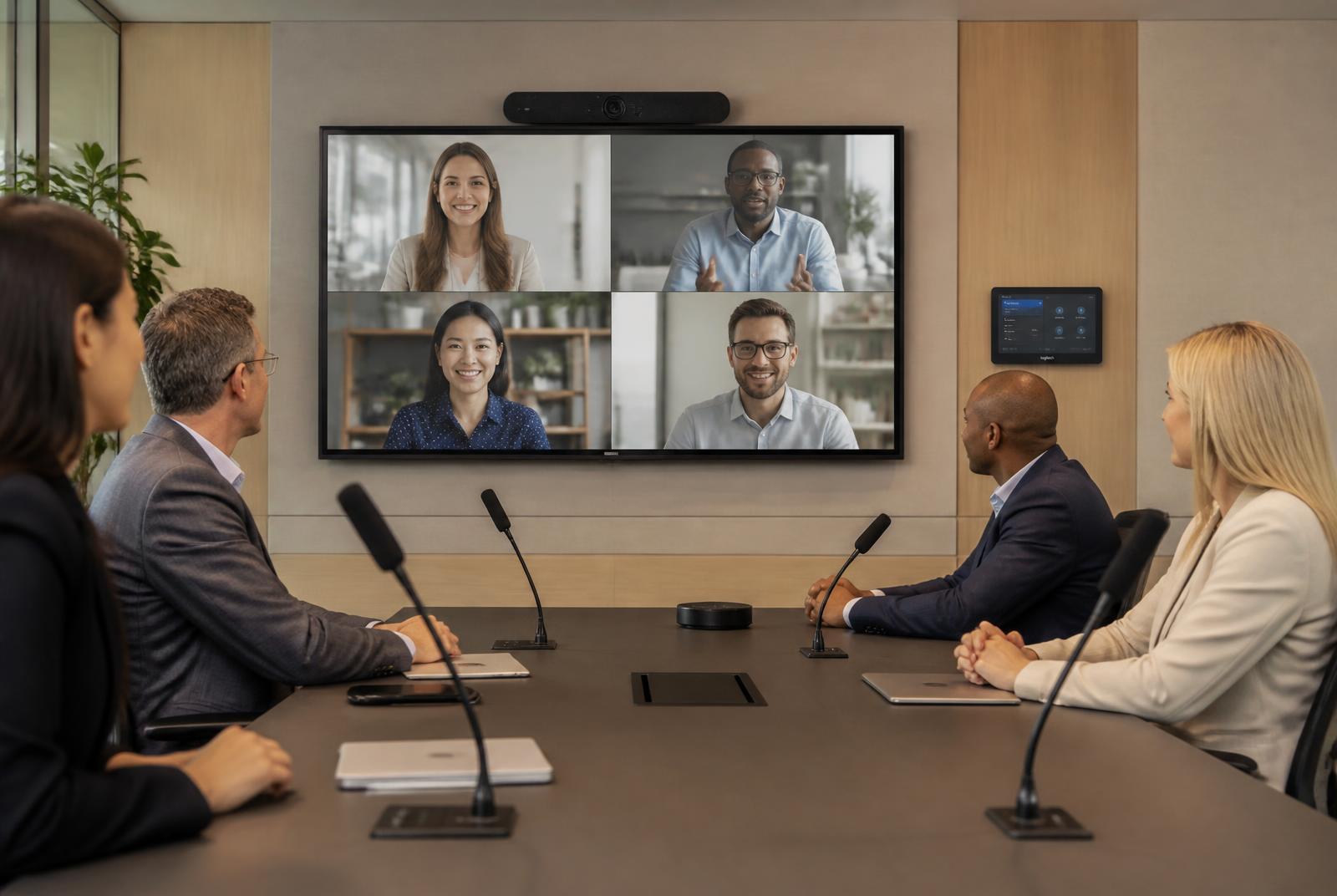 Modern office conference room set up for videoconferencing, with ceiling microphones, a wall-mounted display, and a room control panel for reliable remote collaboration.