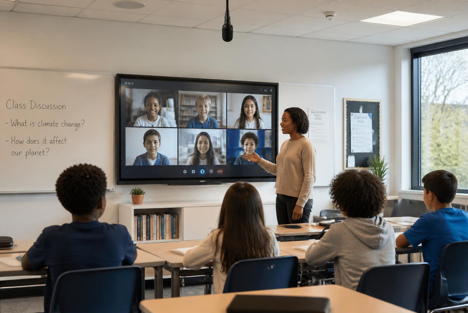 University classroom with a large wall display showing remote students on a video call, supported by simple, reliable remote learning AV technology.
